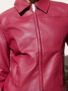 Yess Loren 秋冬女士纯色简约翻领长袖拉链红色 PU 皮夹克 - 酒紅色 - 查看 3