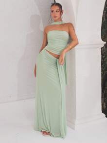 juhmazzocco 2pcs/Set Summer Solid Pink Cropped Ruched Camisole & Low Waisted Ruched Flowy Midi Skirt, Beach Holiday Outfit, Bohemian Backless Dress, Women's Music Festival Attire, Bridesmaid 2 Pieces Set - Mint Green - View 1