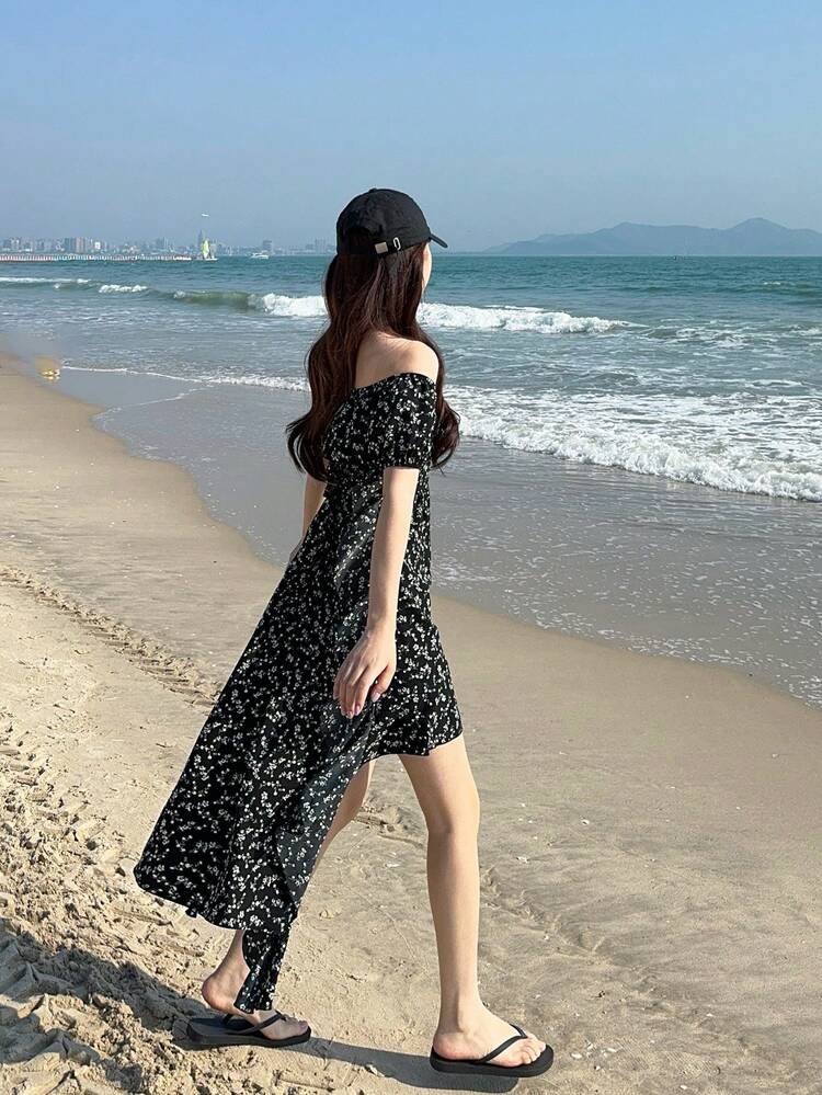 Women's Black Polka Dot Off-Shoulder Asymmetrical Midi Dress Sundress Summer Boho