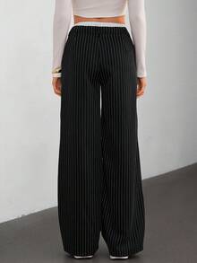 SHEIN Tall Ladies' Casual Striped Wide-Leg Colorblock High Waist Suit Pants, Suitable For Spring/Summer - Black and White - View 2