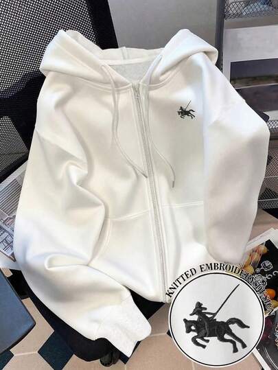 Franclia Classic White Zip-Up Jacket, Plus Size Women's Outerwear, Horse Knight Embroidery Pattern, Embroidered Craftsmanship, Elegant Design, Suitable For Autumn