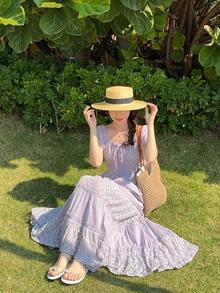 DAZY Women's High-Density Cotton Blend Purple & Blue Contrast Lace Waist Dress, French Design Elegant Long Dress - Mauve Purple - View 8