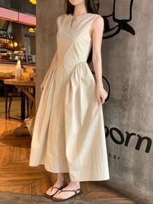 DAZY 女士独特V领无袖中长连衣裙，优雅韩式风格 - 白色 - 查看 6