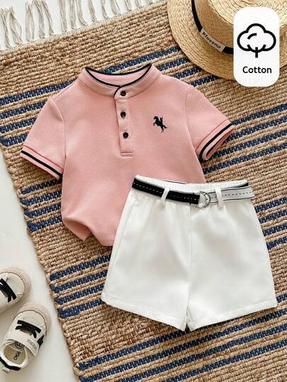 SHEIN 3pcs/Set Toddler Boy Knit Polo Shirt, Tee And Shorts Outfit, Comfortable Casual Chic Daily Wear, Suitable For Spring, Summer, Autumn, Winter, Indoor, Outdoor, Daily, Sports, Party, Photo Shoot, Festival, Streetwear, Back To School, Christmas, New Year,Toddler Boy Clothes,Toddler