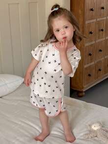 DAZY Baby Girls' Short Sleeve Shorts Pajama Set, Cute Bow Decor Sleepwear Toddler Girls Clothes - Apricot - View 6