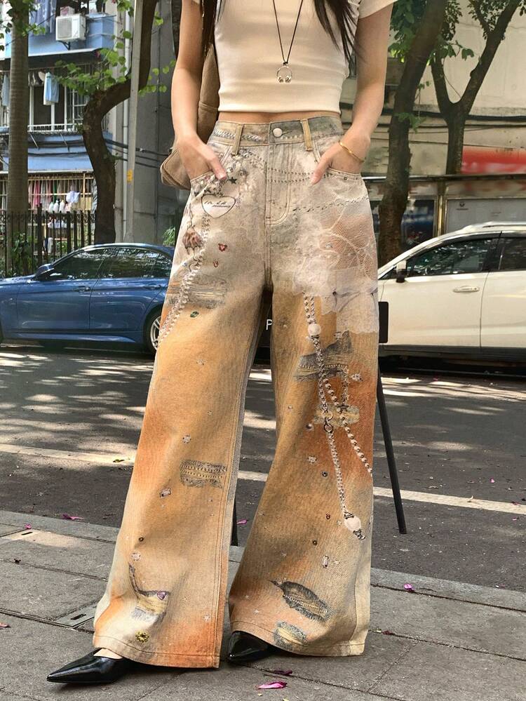 Women's Oversized Printed Casual Loose Fit Jeans, Korean Street Style