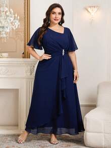 Ellevyn Đầm dài màu xanh dương thanh lịch dành cho nữ cỡ lớn, đính đá lấp lánh, tay ngắn, vạt bất đối xứng, đầm tay ngắn mùa hè. - Màu xanh lam - Xem 3