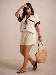 Elaquor Plus Size Contrast Color Short Sleeve Top & Solid Shorts 2 Pieces Set - Apricot - View 3