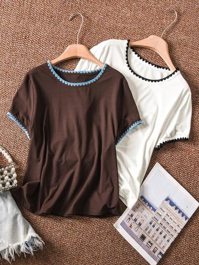 CosyJoli 2pcs/Set Plus Size Women Casual Fitted T-Shirt, White & Khaki Short Sleeve T-Shirt Set, Summer