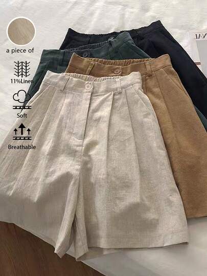 GlowEve Vintage linneshorts för kvinnor, hög midja, tunna linne-bermudashorts med vida ben och a-linjeform, sommar