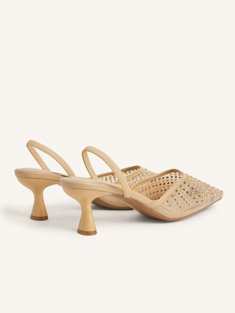 CUCCOO CHICEST Women's Almond Toe Mesh Rhinestone Decor Stiletto Heel Slip-On Pumps, Elegant Party Wear Wedding Shoes Spring Shoes Bride Shoes