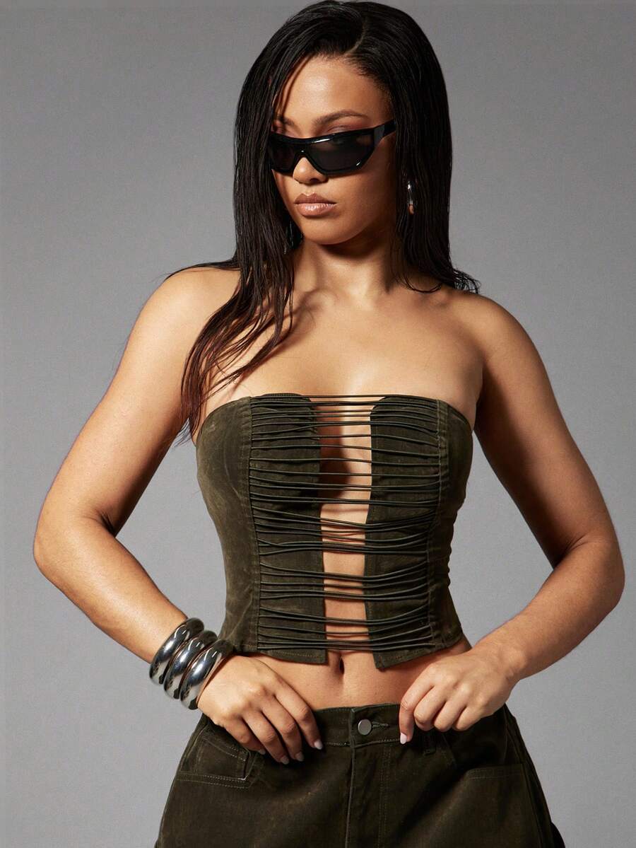 Denimoi 丝绒牛仔吊带镂空无肩带束身胸衣性感上衣夜店装GNO演唱会服装 - 軍綠色 - 查看 1