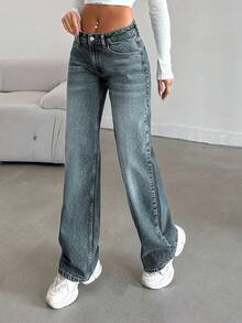 SHEIN Tall Women's Casual Washed Low-Waist Straight Leg Jeans - Dusty Blue - View 5