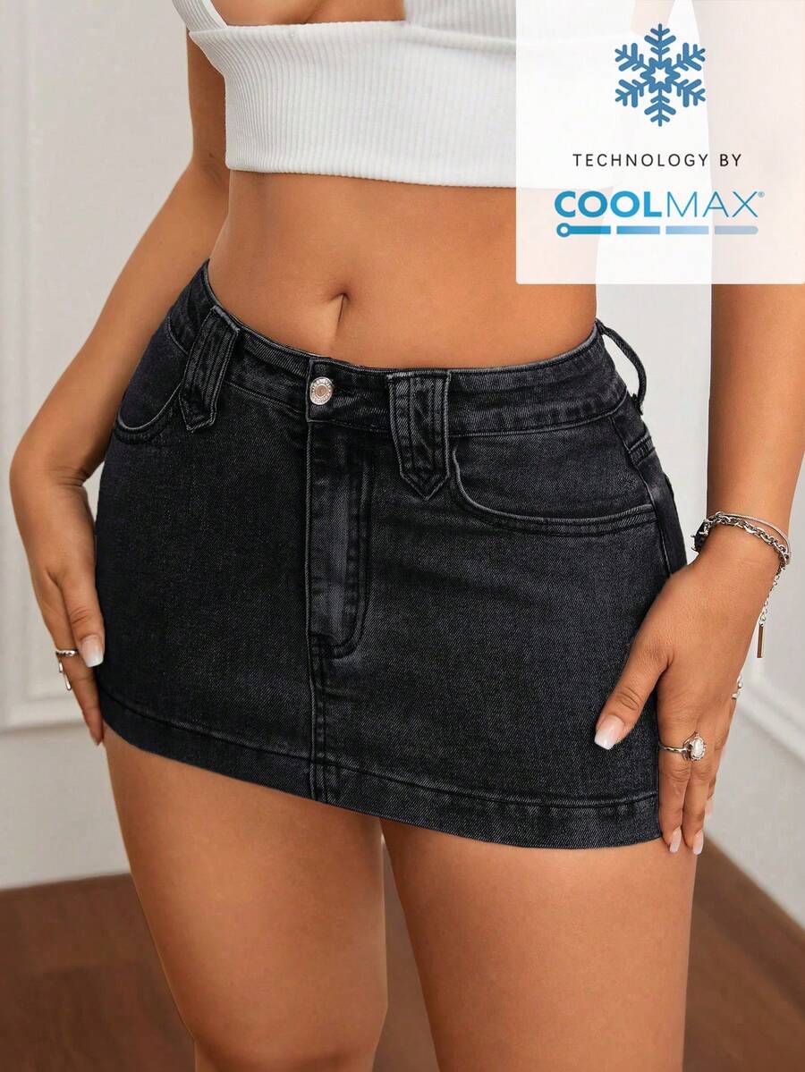 SHEIN ICON 女士夏季时尚街头风斜插口袋迷你水洗牛仔裙 - 黑色 - 查看 1