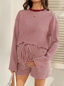 SHEIN 2件套孕妇休闲条纹上衣和短裤套装，秋季 - 紅白色 - 查看 4