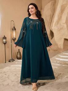 Al Najma Women's Fashionable Chiffon Rhinestone Embellished Long Sleeve Round Neck Dress, Elegant For Banquet, Holiday Party, Arabic Style - Dark Green - View 4