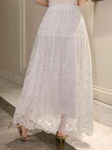 DAZY 女士休闲度假风弹力腰蕾丝长裙，优雅 - 白色 - 查看 6