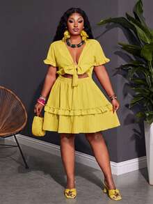 Slaydiva Plus Size Women's Mustard Yellow Summer Boho Vacation Holiday Fitted Ruffle Trim Chest Tie Front A-Line Mini Dress,Woven Textured Fabric - Yellow - View 7