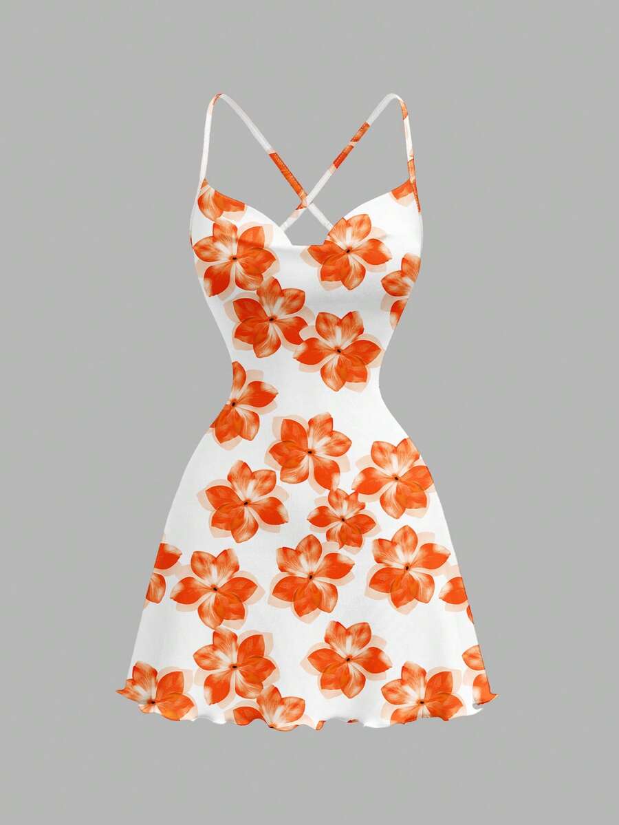 SHEIN MOD 休闲碎花印花垂领无袖迷你连衣裙，适合春夏度假穿着 - 彩色 - 查看 1