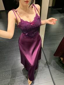 DAZY Women's Lace & Satin Patchwork Sequin Slip Dress Nightgown - Purple - View 3