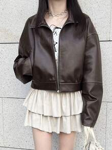 FRIFUL 女士纯色PU皮革落肩长袖拉链休闲外套 - 鏽棕色 - 查看 3