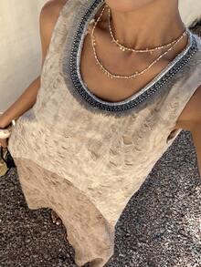 DAZY Textured Fabric Sleeveless Round Neck Mid-Length Dress For Women, Summer Holiday - Coffee Brown - View 7