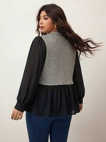 Enliva Tricou cu mânecă lungă, lejer, cu dungi, în culori contrastante, pentru femei, mărime plus, model A-line, Anul Nou 2026, pentru forme de corp rotunjite și de măr - Negru - Vizualizare 3