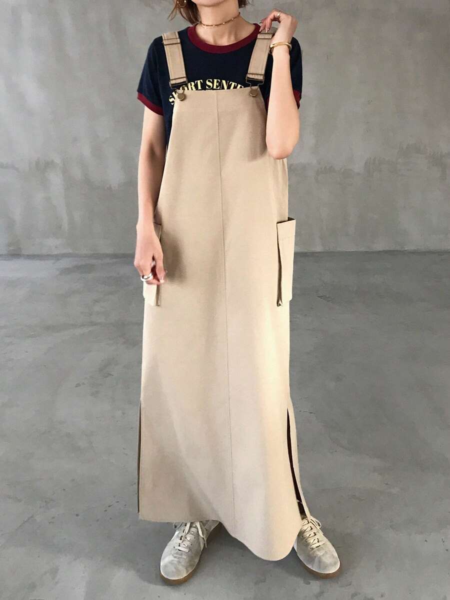 FRIFUL 女士工装风吊带长裙 - 卡其色 - 查看 1