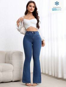SHEIN PETITE 女款高腰口袋休閒百搭喇叭腿牛仔褲，適合嬌小女性 - 深色水洗藍 - 查看 5