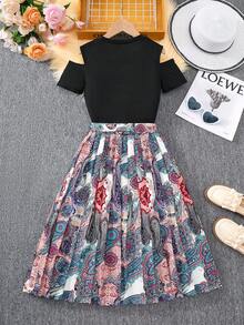 Sparklyn 2pcs/Set Tween Girl Boho Pleated Mini Skirt & Round Neck Open Shoulder Short Sleeve Top, Spring/Summer - Multicolor - View 2