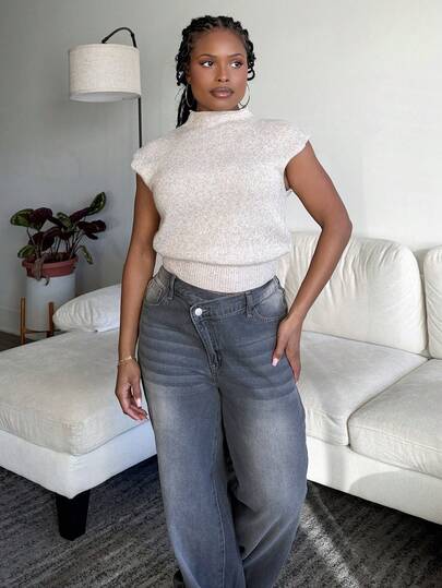 Tyla Gomez 优雅高领宽松休闲百搭无袖针织毛衣背心外出上衣女秋冬上学上衣