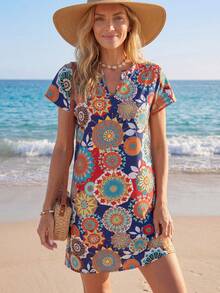 Sylviya Summer Casual Short Sleeve Dress With All-Over Print, V-Neck And Batwing Sleeves - Blue - View 1
