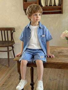 LMoss Kids 2pcs/Set Young Boy New Casual Soft Cute Blue Denim Short Sleeve Shirt And Long Jeans Shorts Set Spring Summer,For Kids Spring/Summer Dailywear Outfits,Boys Streetwear Outfits,Boys Beach Outfit,Vacation Outfits For Boys,Casual Clothes For Boys,Graphic Two-Piece Set,Toddler Two-Piece Set,4-Year-Old Boys Two-Piece Set ,Summer Two-Piece Set,Casual Two-Piece Set - Light Wash - View 10