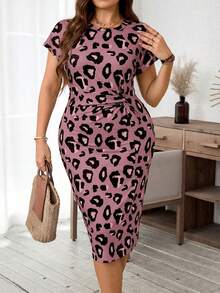 SHEIN LUNE 大码圆领短袖扭结豹纹印花休闲夏日连衣裙 - 粉色 - 查看 3