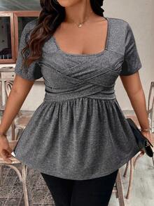 SHEIN CURVE+ 大码百搭短袖时尚修身通勤T恤 - 灰色 - 查看 1