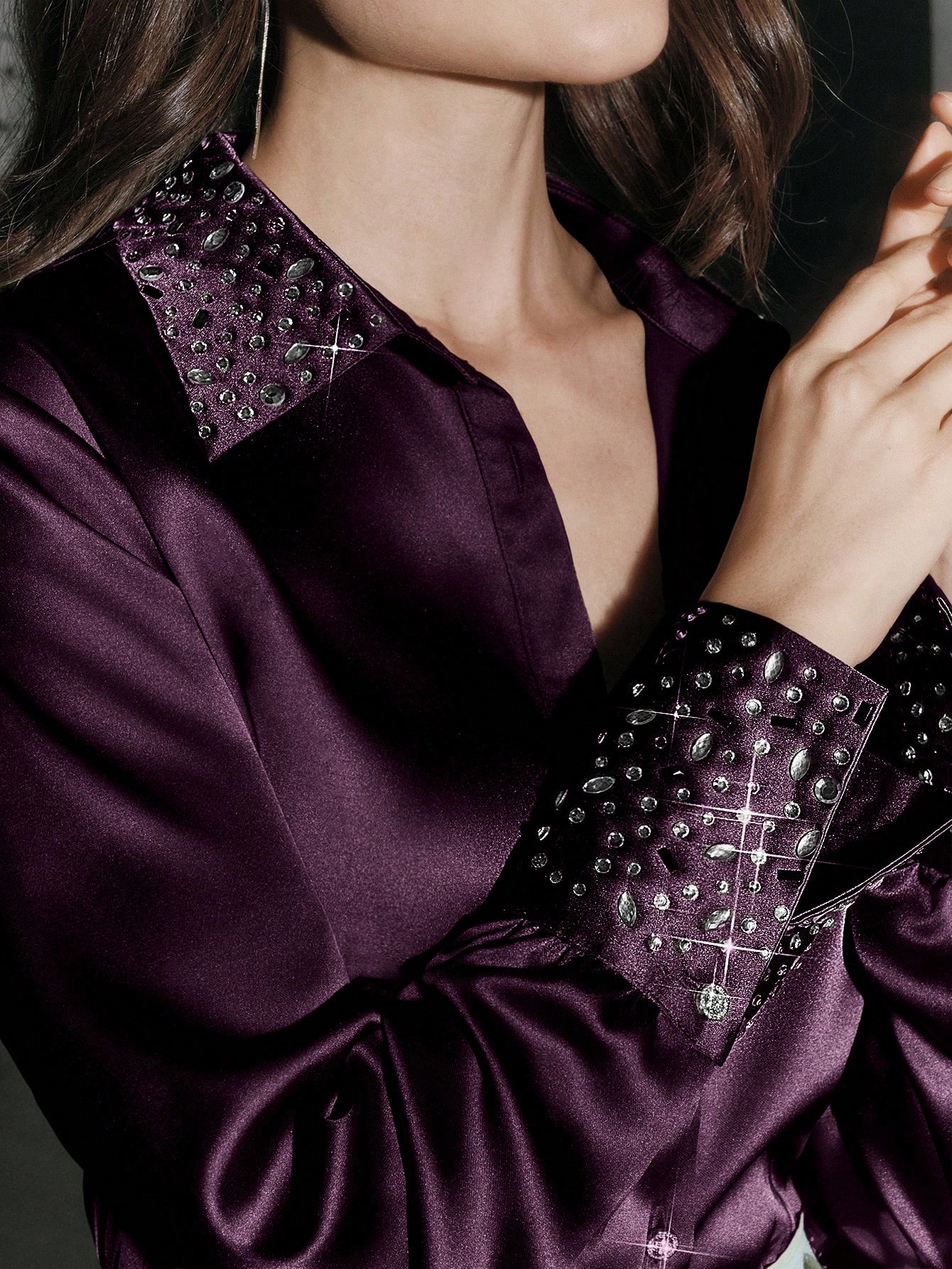 Anewsta قميص ساتان مطرز بترتر أنيق للنساء، ذو قصة...