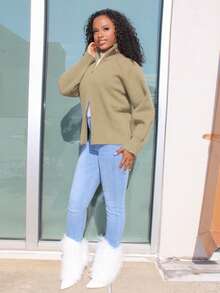 Steph T 拉链立领开衫，长袖上衣，老款款式，秋季服装商务休闲女式工作服夹克 - 軍綠色 - 查看 5