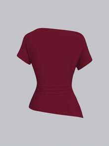 Sweetra Damen Einfarbiges asymmetrisches Schulter Lässig Komfort T-Shirt - Verschiedenfarbig - Übersicht 3