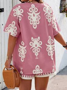 SHEIN Clasi Random Print Plus Size Women Cardigan & Shorts 2 Pieces Set - Multicolor - View 2