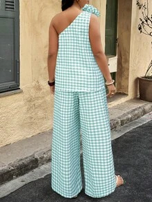 SHEIN LUNE 大码女式格子无袖上衣，饰有3D立体花卉图案，搭配阔腿裤两件套 - 彩色 - 查看 2