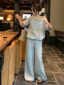 DAZY Women's Oblique Shoulder Vacation Style Fresh Korean Casual T-Shirt And Ankle Length Pants 2 Pieces Set, Spring/Summer - Grey - View 4