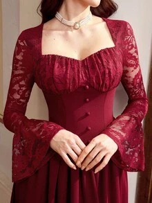 Vintamour Elegant Burgundy Women's Vintage Midi Dress,Lace Patchwork Bodice Long Sleeve Autumn Dining Party Dress With Pockets,Valentine's Day Holiday Outfit - Burgundy - View 5