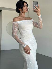 Firerie 女士优雅浪漫约会派对婚礼宾客礼服，白色蕾丝露肩长袖修身鱼尾裙，适合下午茶、户外派对、正式场合、毕业典礼、派对、舞会、生日等场合。 - 白色 - 查看 6