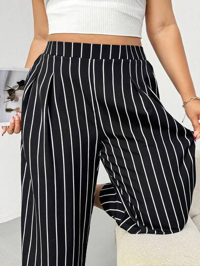 Shapeblank Plus-Size Women's Spring/Summer Fashionable Casual Loose Comfortable Everyday Basic Versatile Slimming Black Striped Elastic Waist Cropped Wide-Leg Pants,Women Bottom,Summer Outfits,Baggy Pants,Simple Style,Work Pants