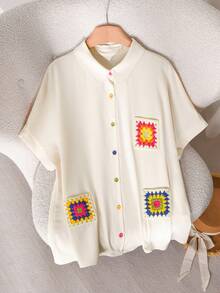 CosyJoli 大码女式休闲日常刺绣纽扣短袖衬衫 - 米色 - 查看 3