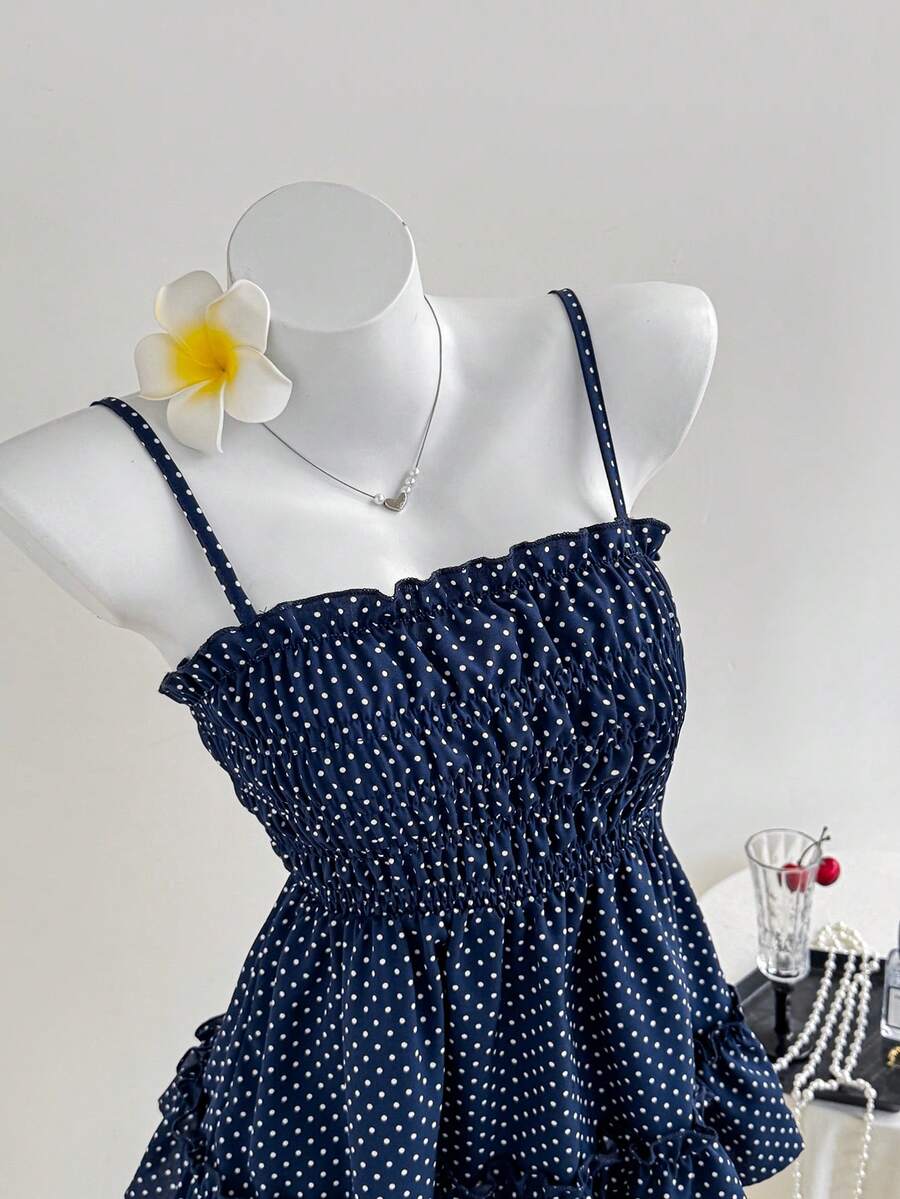 Elamini Women's Vacation Casual Polka Dot Print Frill Trim Camisole - Multicolor - View 1