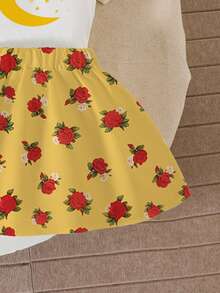 SHEIN Girls Cute Star & Moon Cartoon Floral Ruffle Hem Tee & Skirt - Multicolor - View 6