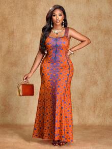 SHEIN LUNE Vestido elegante y sexy para mujer, vestido sin mangas de escote en V, ropa tradicional sudafricana, atuendo para fiestas y té de la tarde, estampado artístico, colores de moda de primavera y verano, vestido para sesión fotográfica artística, ropa para festival de música, ropa de verano para mujer - Naranja - Ver 3