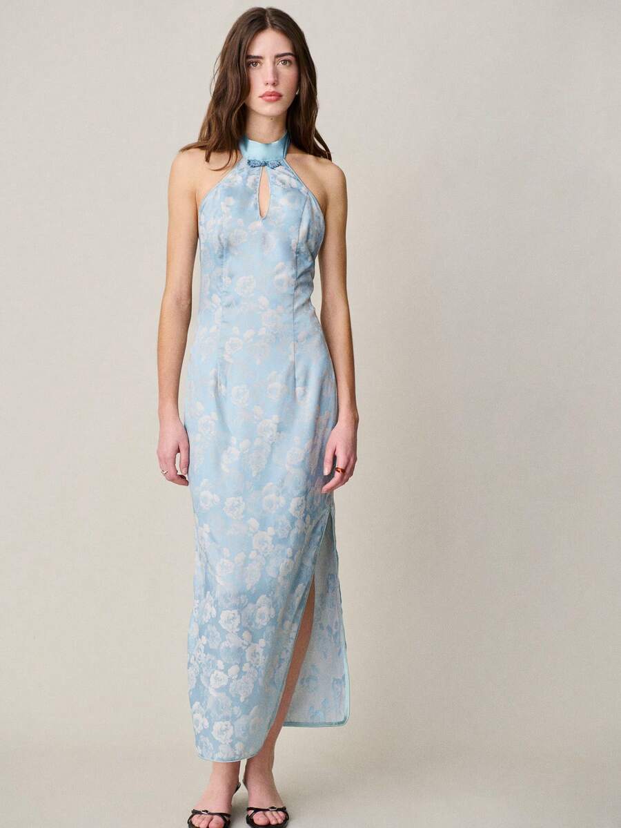 Nöista 淺藍色花卉夏季優雅婚禮賓客長洋裝,女款中式立領旗袍,修身高開衩派對洋裝 - 藍色 - 查看 1