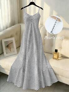 Franclia V-Neck Striped Camisole Dress For Women - Black and White - View 1